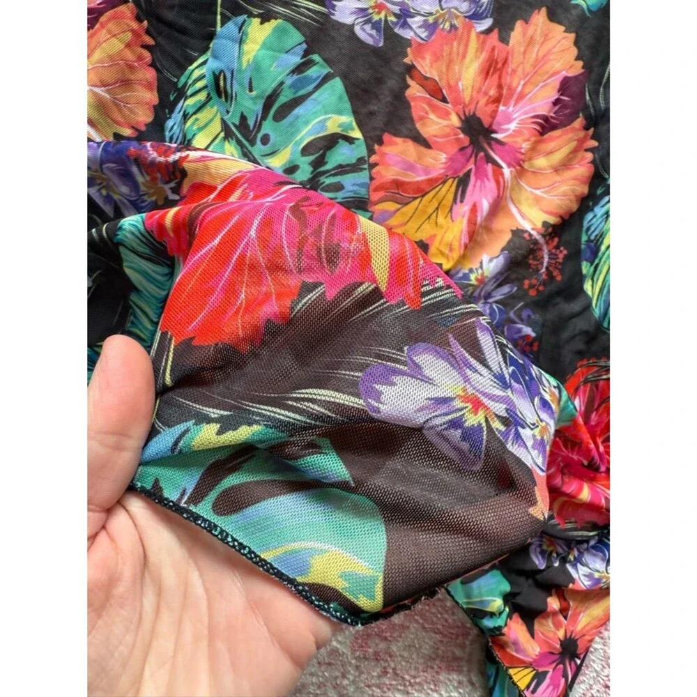 Tropical Floral Sheer Swim Coverup - Black with Multicolor Hibiscus